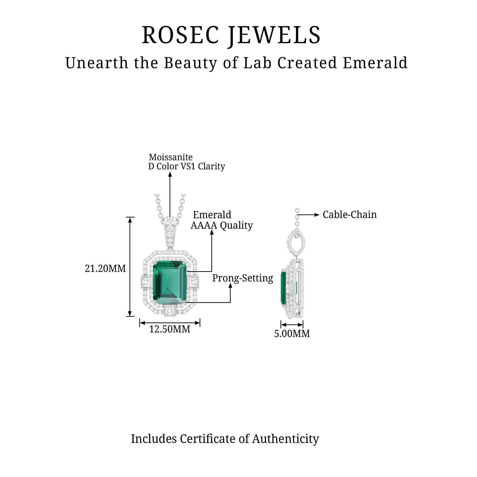 Vintage Inspired Octagon Cut Created Emerald and Moissanite Pendant