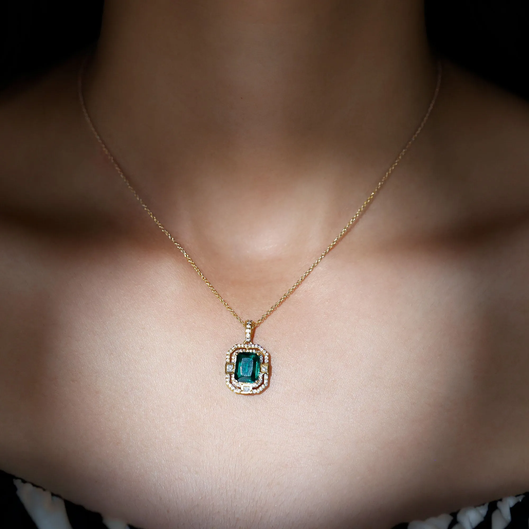 Vintage Inspired Octagon Cut Created Emerald and Moissanite Pendant