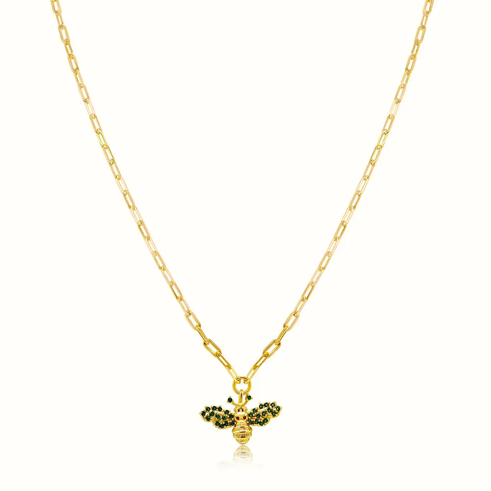 Women's Vermeil Green Emerald Diamond Bee Necklace Pendant