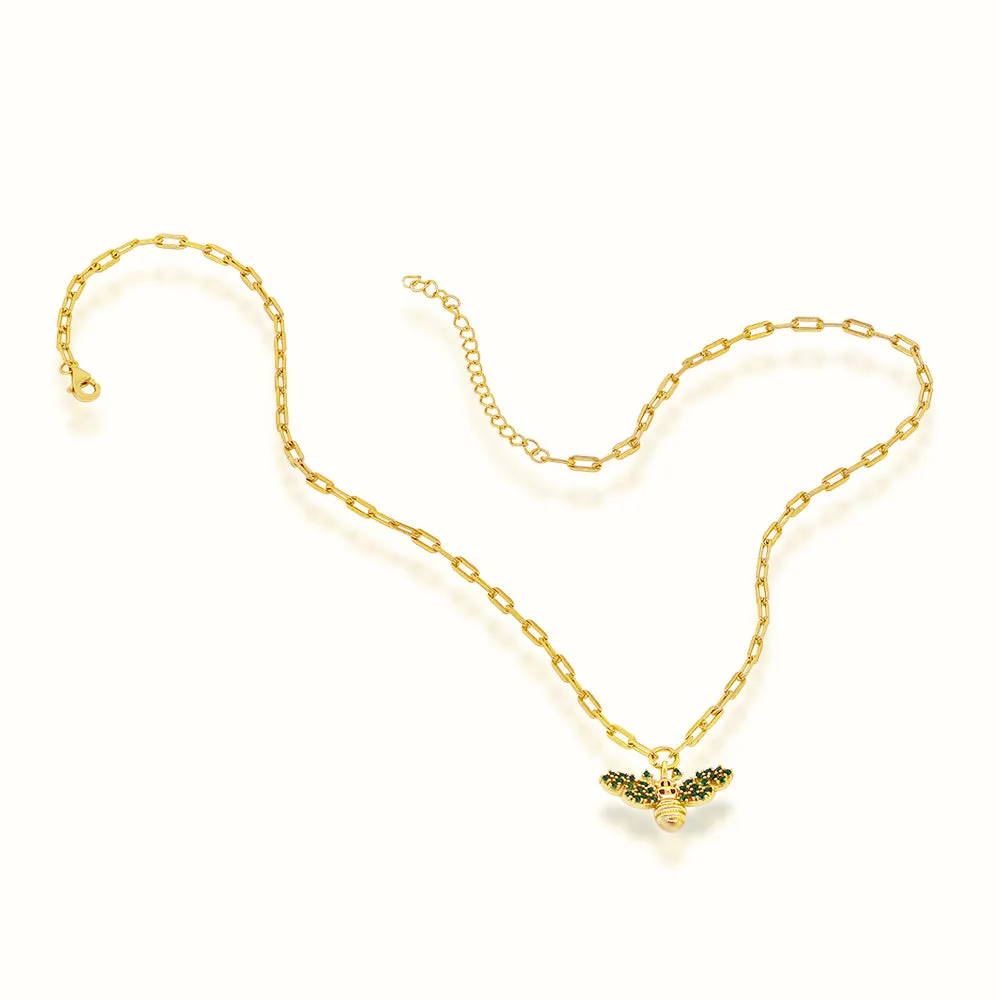 Women's Vermeil Green Emerald Diamond Bee Necklace Pendant