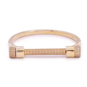 Yellow Gold Screw Top Encrusted Cz Bar Bangle